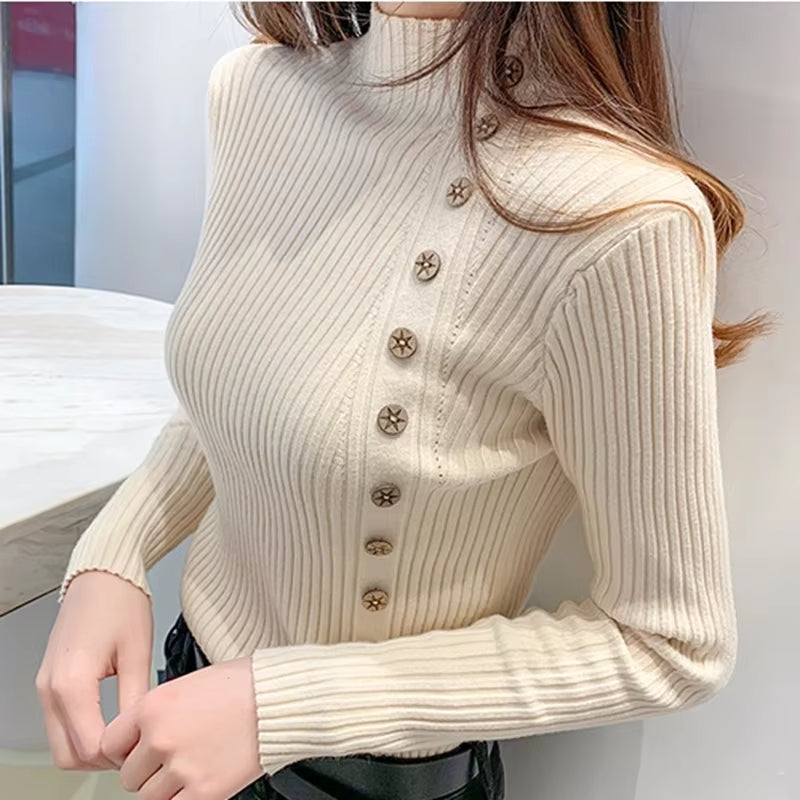 Women Knitted Winter Pullovers Fashion Long Sleeve White Black Sweaters Turtleneck Korean Clothes Elegant Pink Ladies Tops